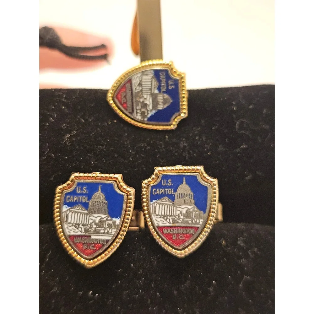Vintage US Capitol Washington DC Shield Enamel Cufflinks and Tie Clip Set Gold